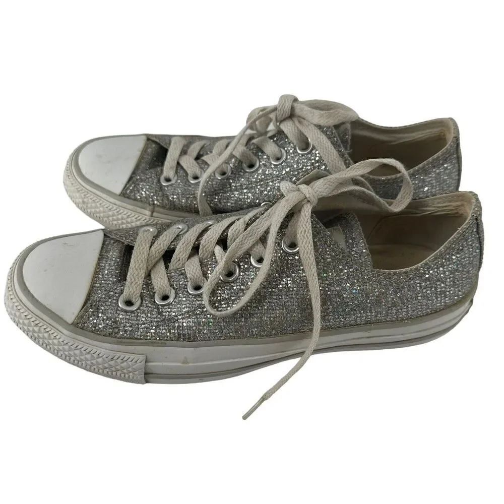 Converse All Star Low Top Sneakers Silver Glitter Womens Size 7 Prom Wedding